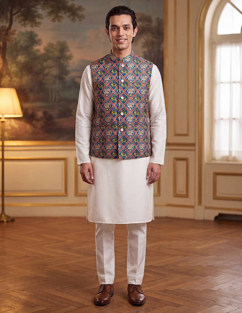 Men's blue silk blend patola print mandarin collar koti – trendy ethnic festive & wedding wear