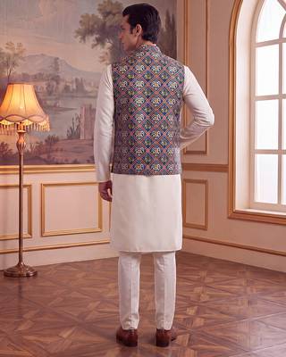 Men's blue silk blend patola print mandarin collar koti – trendy ethnic festive & wedding wear 2