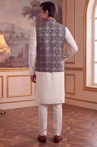 Men's blue silk blend patola print mandarin collar koti trendy ethnic festive & wedding wear