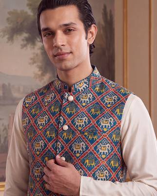 Men's blue silk blend patola print mandarin collar koti – trendy ethnic festive & wedding wear 3
