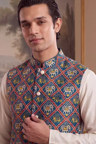 Men's blue silk blend patola print mandarin collar koti trendy ethnic festive & wedding wear