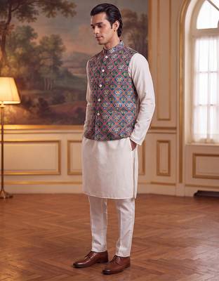 Men's blue silk blend patola print mandarin collar koti – trendy ethnic festive & wedding wear 4