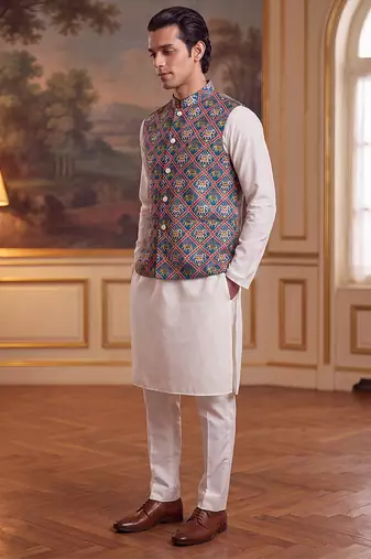 Men's blue silk blend patola print mandarin collar koti trendy ethnic festive & wedding wear