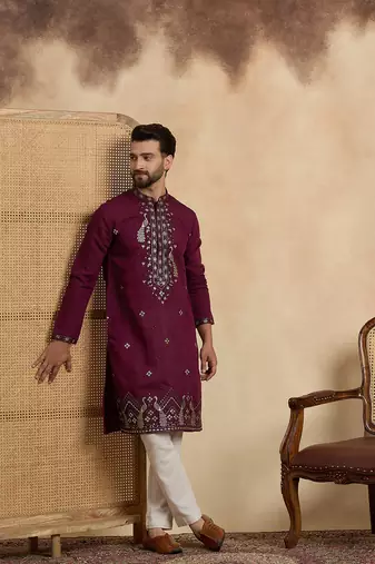 Men's purple silk blend embroidered solid kurta with trousers     trendy festive & wedding wear