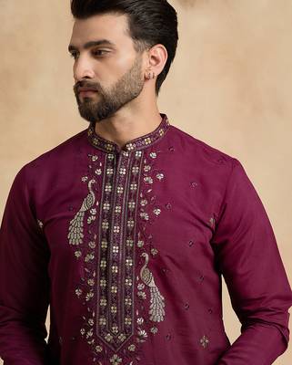 Men's purple silk blend embroidered solid kurta with trousers – trendy festive & wedding wear 1