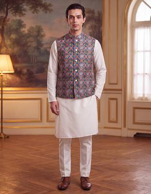 Men's blue silk blend patola print mandarin collar koti – trendy ethnic festive & wedding wear 5
