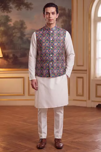 Men's blue silk blend patola print mandarin collar koti trendy ethnic festive & wedding wear