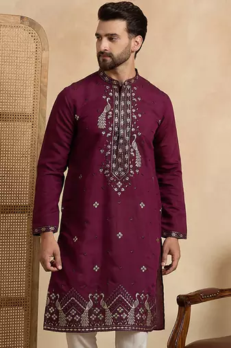 Men's purple silk blend embroidered solid kurta with trousers     trendy festive & wedding wear