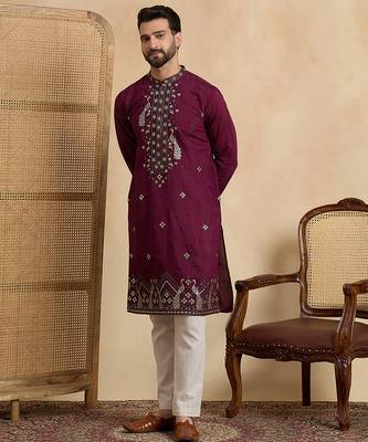 Men's purple silk blend embroidered solid kurta with trousers – trendy festive & wedding wear 2