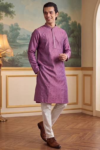 Men's purple jacquard embroidered ethnic motifs kurta with trousers – trendy festive & wedding wear