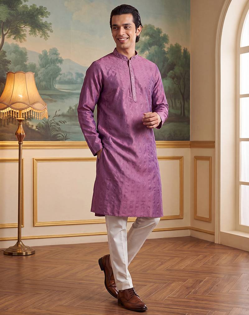 Men's purple jacquard embroidered ethnic motifs kurta with trousers – trendy festive & wedding wear