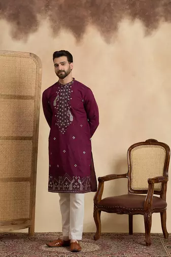 Men's purple silk blend embroidered solid kurta with trousers     trendy festive & wedding wear