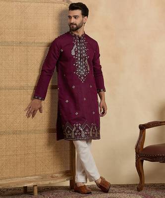 Men's purple silk blend embroidered solid kurta with trousers – trendy festive & wedding wear 3