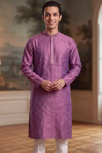 Men's purple jacquard embroidered ethnic motifs kurta with trousers trendy festive & wedding wear