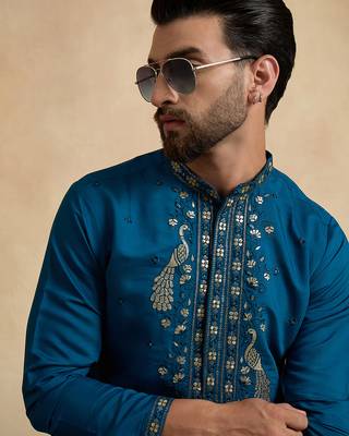 Men's blue silk blend embroidered solid kurta with trousers – trendy festive & wedding wear 1