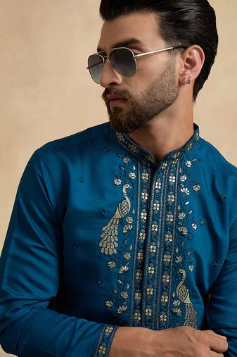 Men's blue silk blend embroidered solid kurta with trousers – trendy festive & wedding wear