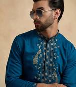 Men's blue silk blend embroidered solid kurta with trousers – trendy festive & wedding wear