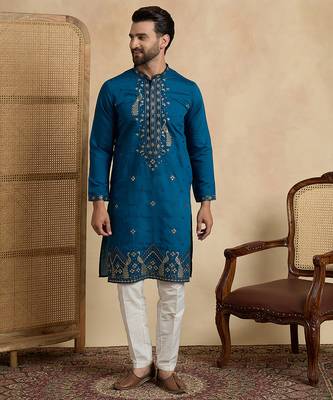 Men's blue silk blend embroidered solid kurta with trousers – trendy festive & wedding wear 2