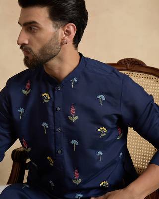Men's navy blue silk blend embroidered solid kurta with trousers – trendy festive & wedding wear 1