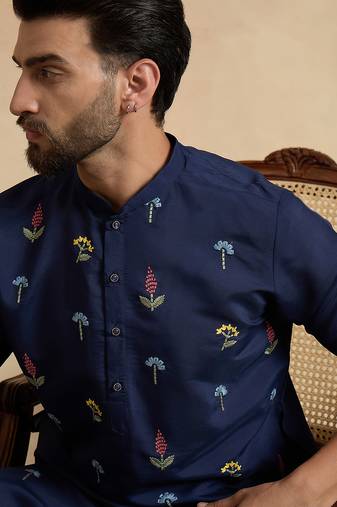 Men's navy blue silk blend embroidered solid kurta with trousers – trendy festive & wedding wear