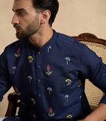 Men's navy blue silk blend embroidered solid kurta with trousers – trendy festive & wedding wear