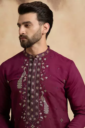 Men's purple silk blend embroidered solid kurta with trousers     trendy festive & wedding wear