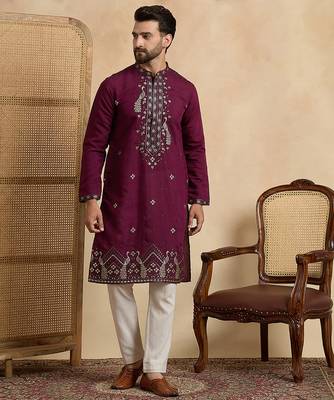 Men's purple silk blend embroidered solid kurta with trousers – trendy festive & wedding wear 5