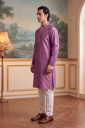 Men's purple jacquard embroidered ethnic motifs kurta with trousers trendy festive & wedding wear