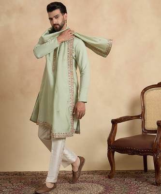 Men's green silk blend embroidered sequin kurta, trouser & dupatta set – trendy festive & wedding wear 3