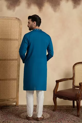 Men's blue silk blend embroidered solid kurta with trousers trendy festive & wedding wear