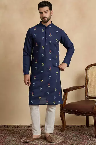 Men's navy blue silk blend embroidered solid kurta with trousers trendy festive & wedding wear