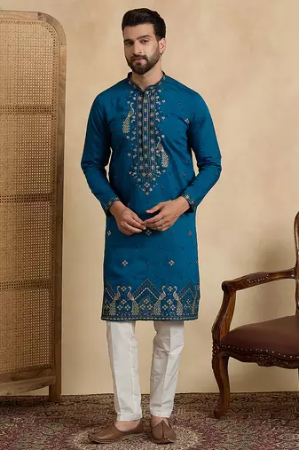Men's blue silk blend embroidered solid kurta with trousers trendy festive & wedding wear
