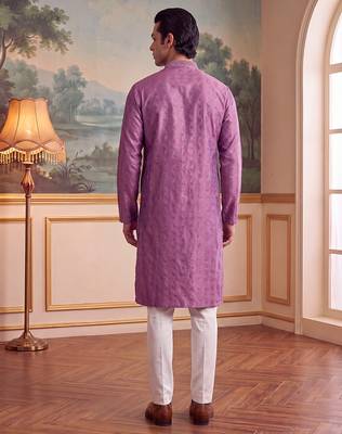 Men's purple jacquard embroidered ethnic motifs kurta with trousers – trendy festive & wedding wear 5