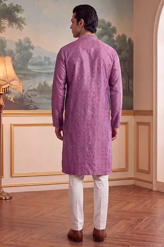 Men's purple jacquard embroidered ethnic motifs kurta with trousers trendy festive & wedding wear