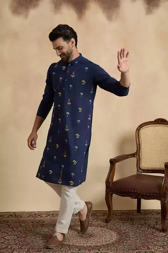Men's navy blue silk blend embroidered solid kurta with trousers trendy festive & wedding wear