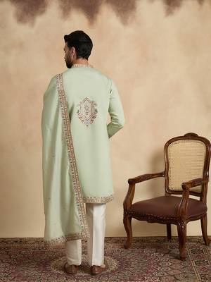 Men's green silk blend embroidered sequin kurta, trouser & dupatta set – trendy festive & wedding wear 4