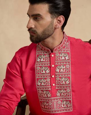Men's pink viscose rayon embroidered solid kurta with trousers – trendy festive & wedding wear 1