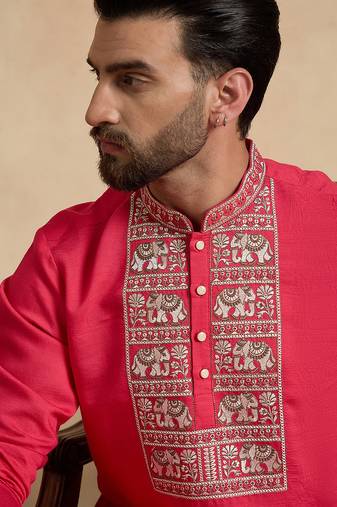Men's pink viscose rayon embroidered solid kurta with trousers – trendy festive & wedding wear