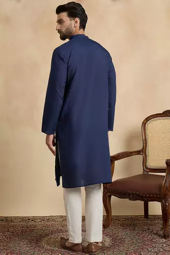 Men's navy blue silk blend embroidered solid kurta with trousers trendy festive & wedding wear