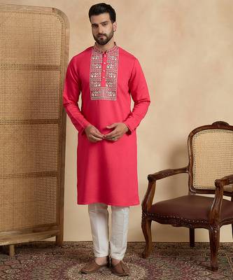 Men's pink viscose rayon embroidered solid kurta with trousers – trendy festive & wedding wear 2
