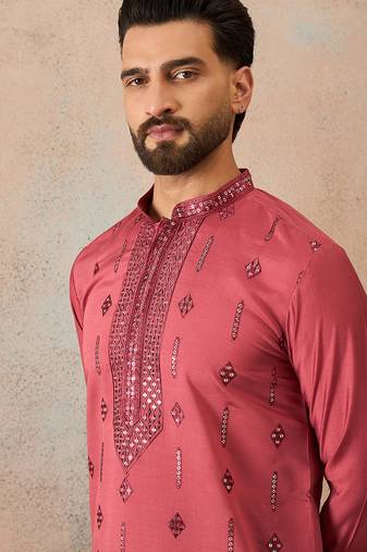 Men's pink silk blend embroidered solid kurta with trousers – trendy festive & wedding wear