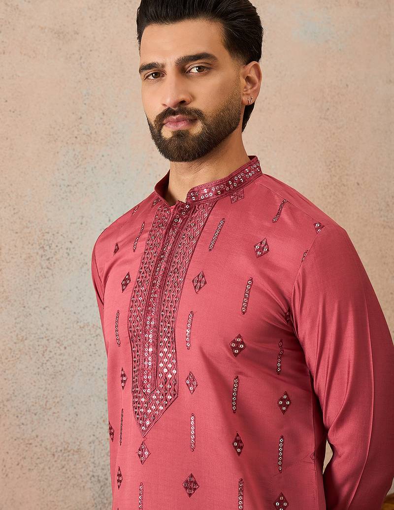 Men's pink silk blend embroidered solid kurta with trousers – trendy festive & wedding wear