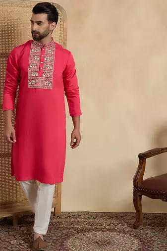 Men's pink viscose rayon embroidered solid kurta with trousers trendy festive & wedding wear
