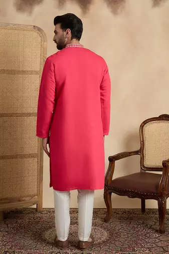 Men's pink viscose rayon embroidered solid kurta with trousers trendy festive & wedding wear