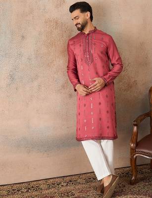 Men's pink silk blend embroidered solid kurta with trousers – trendy festive & wedding wear 3