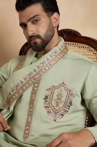 Men's green silk blend embroidered sequin kurta with dupatta trendy festive & wedding wear