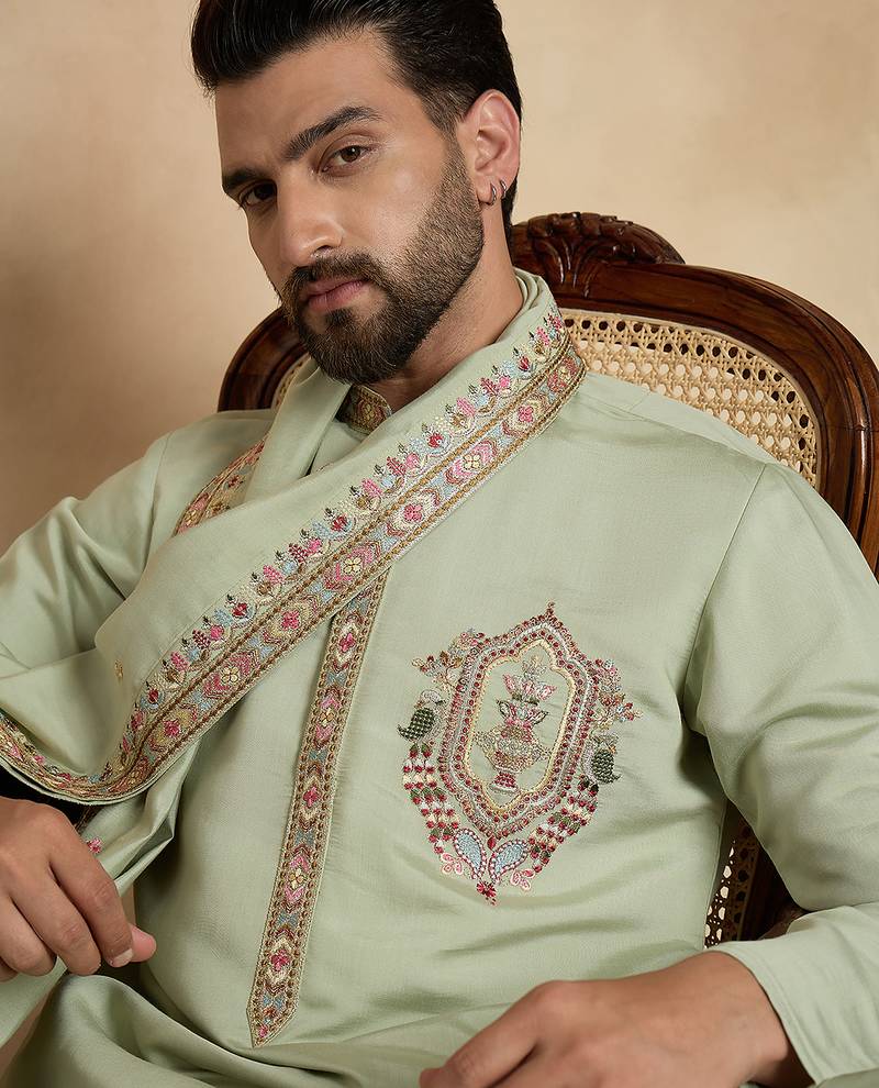Men's green silk blend embroidered sequin kurta with dupatta – trendy festive & wedding wear