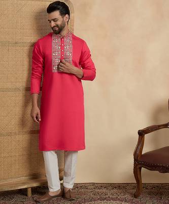 Men's pink viscose rayon embroidered solid kurta with trousers – trendy festive & wedding wear 5