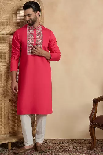Men's pink viscose rayon embroidered solid kurta with trousers trendy festive & wedding wear