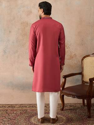 Men's pink silk blend embroidered solid kurta with trousers – trendy festive & wedding wear 4